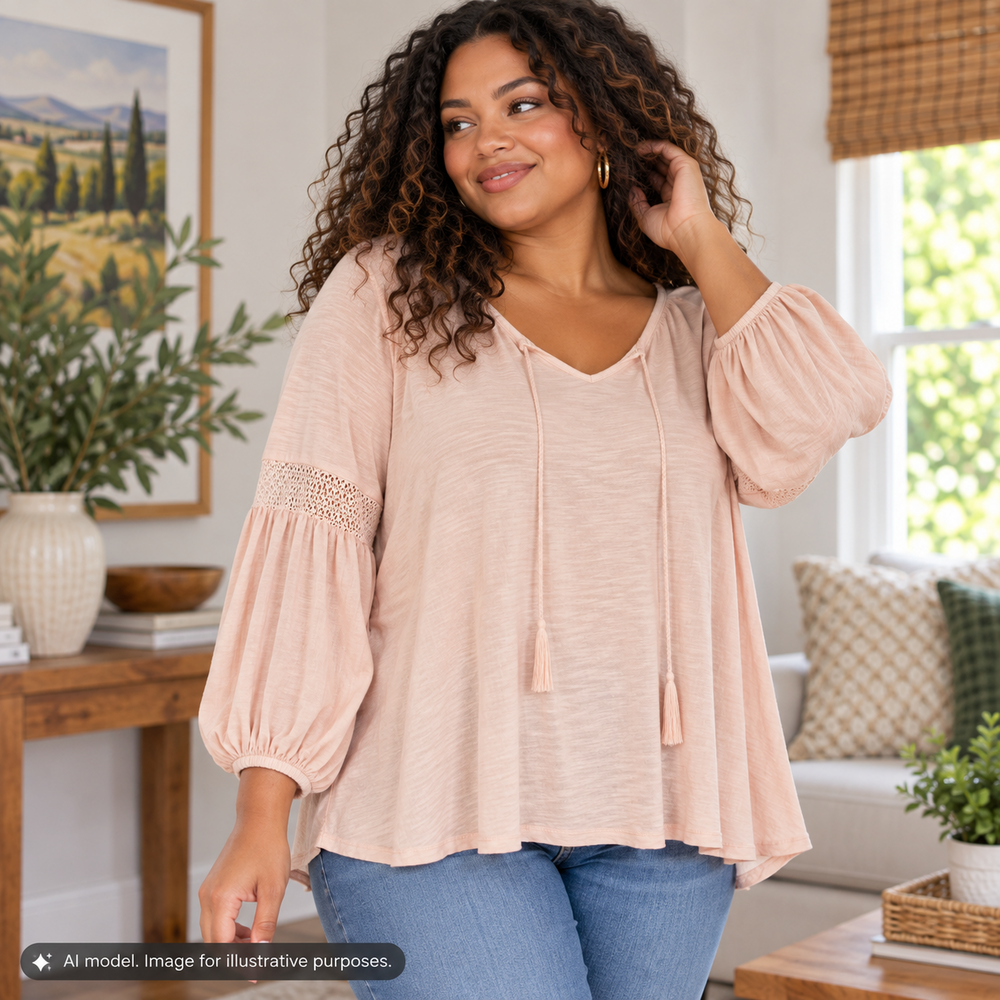 Belle by Kim Gravel Shirt Womens XL Pink Orange Peach Smocked Sleeve Peasant Top